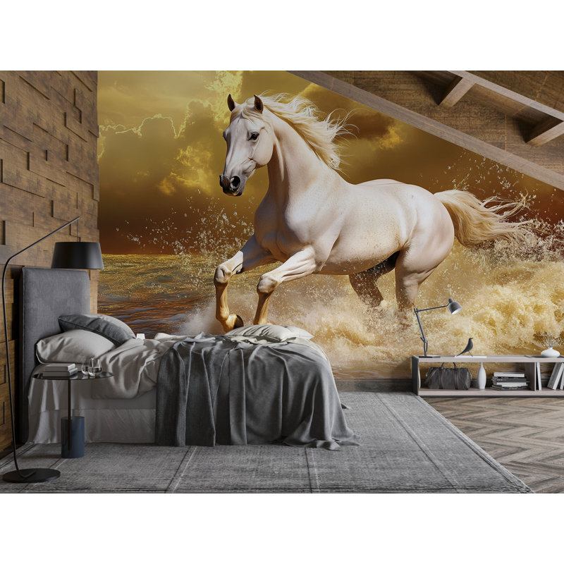 Papier peint étalon blanc - cheval galopant réaliste dans les vagues de l'océan, L 145 po x l 100 po, Non tissé