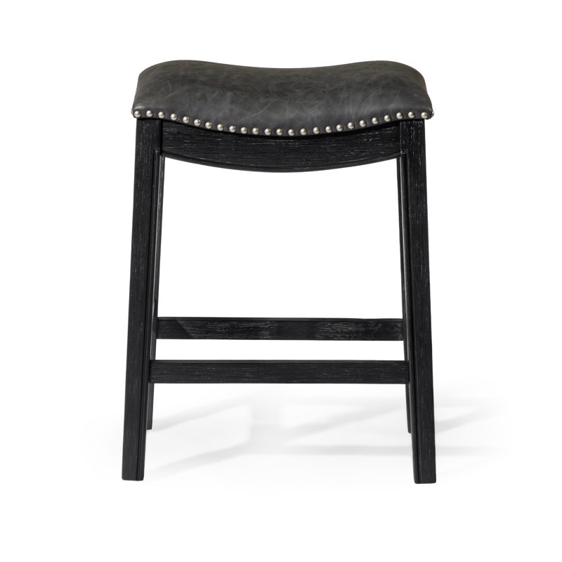 Weathered Oak Backless Saddle Barstool with Vegan Leather Seat