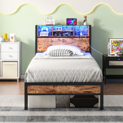 Twin Bed Frame With Storage Headboard, Charging Station, Led Lights, Metal Slat Bed, No Box Spring, Under Space Size Platform Function, Led, Quiet Design,