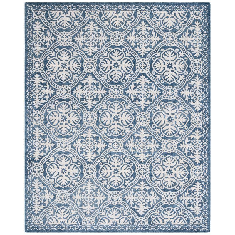 Salerna Micro-Loop Hand Tufted Wool/Cotton Damask Rug in Blue/Ivory, Rectangle 8' x 10'