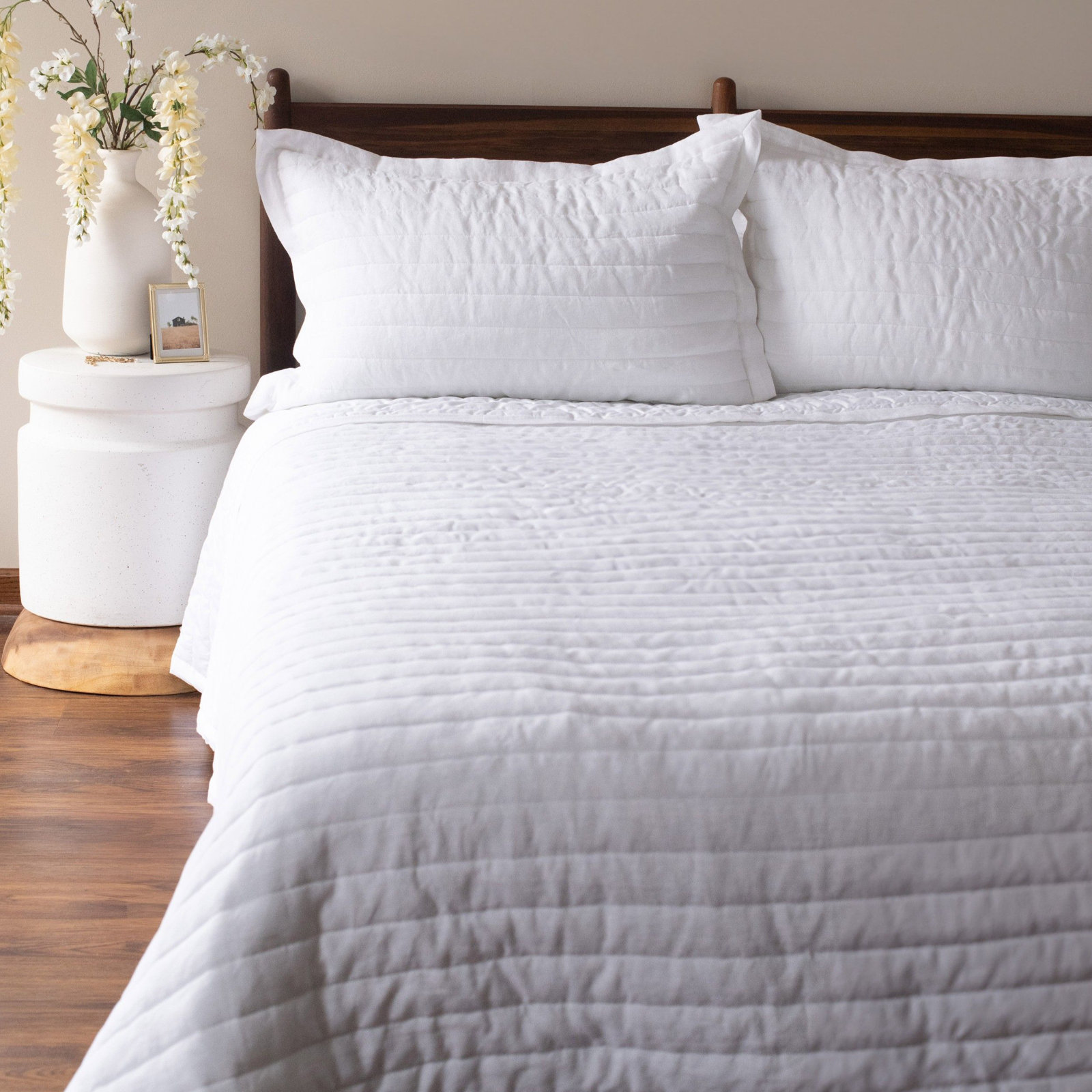 French Linen Channel Stitch Quilt & Sham Set - King/Cal King - Matcha, Queen Quilt + 2 Standard Shams, White