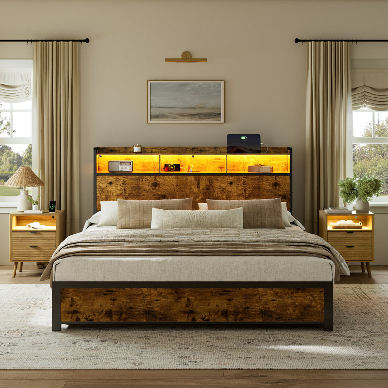 3 Piece Bedroom Sets, Modern Bed With 2 Drawers& 2 Wave Nightstand, Brun / Naturel, Grand lit