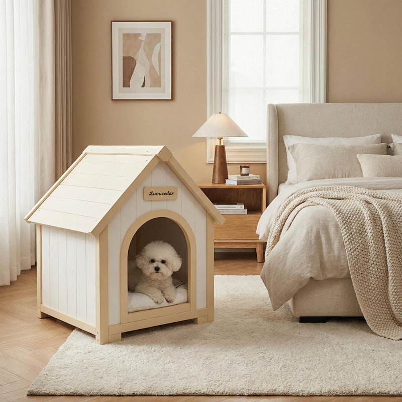 Niche pour chien en bois de cèdre massif avec coussin pour petits chiens
