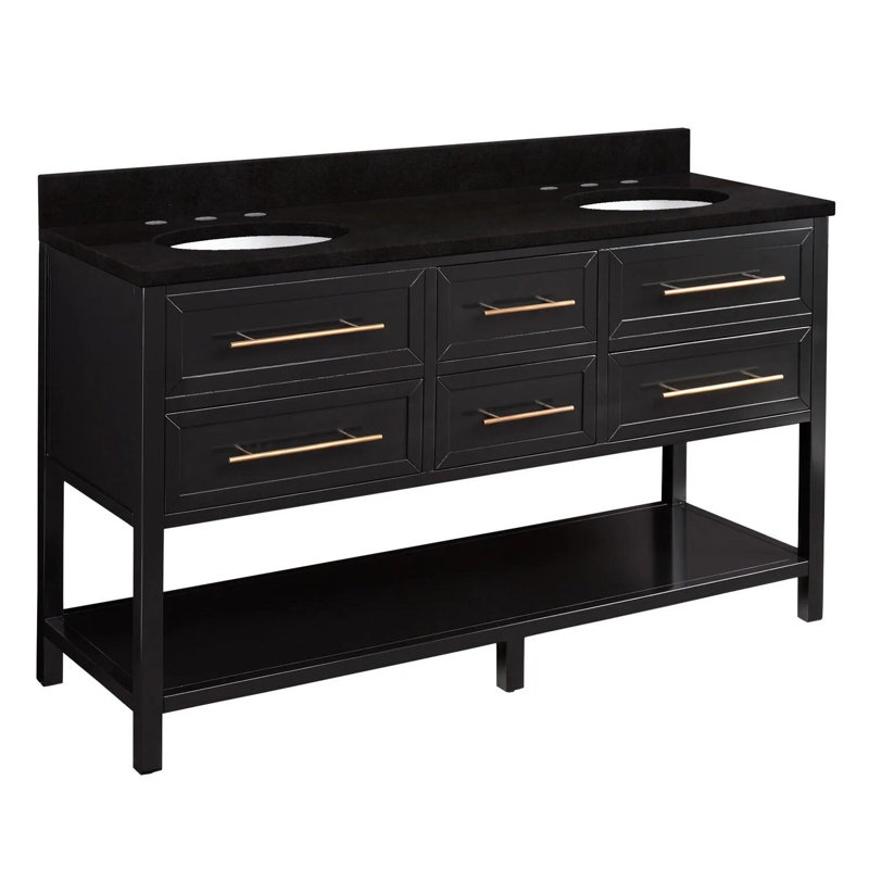 60" Robertson Double Bathroom Vanity Set with Oval Undermount Sinks, 8" Widespread, Feathered White Quartz, Black