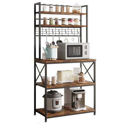 5-Tier Microwave Oven Stand With 6 S-Hooks Adjustable Heavy Duty Coffee Bar Station Kitchen Utility Storage Shelf,Metal Utility Storage Shelf