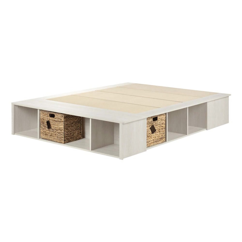 Full Winter Oak Upholstered Storage Bed with Rattan Baskets