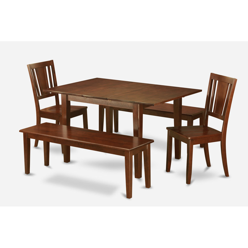 Ensemble de table de salle à manger 5 pièces pour 4 personnes comprenant une table de cuisine rectangulaire avec rallonge papillon et 2 chaises de salle à manger avec 2 bancs, acajou