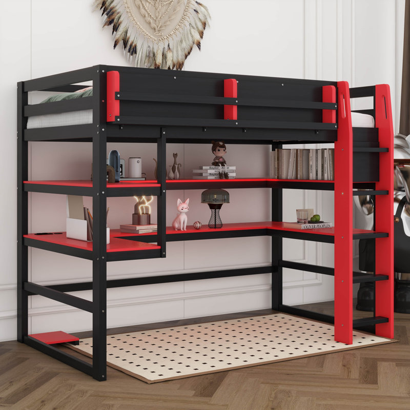 Lit mezzanine en bois Gaming, Lit simple, Rouge