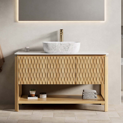 Bathroom Vanity & Sink, Freestanding Plywood Bathroom Storage Cabinet With Bamboo Texture Doors & Open Shelf, Marble Pattern Ceramic Vessel Basin & Sintered Stone Top