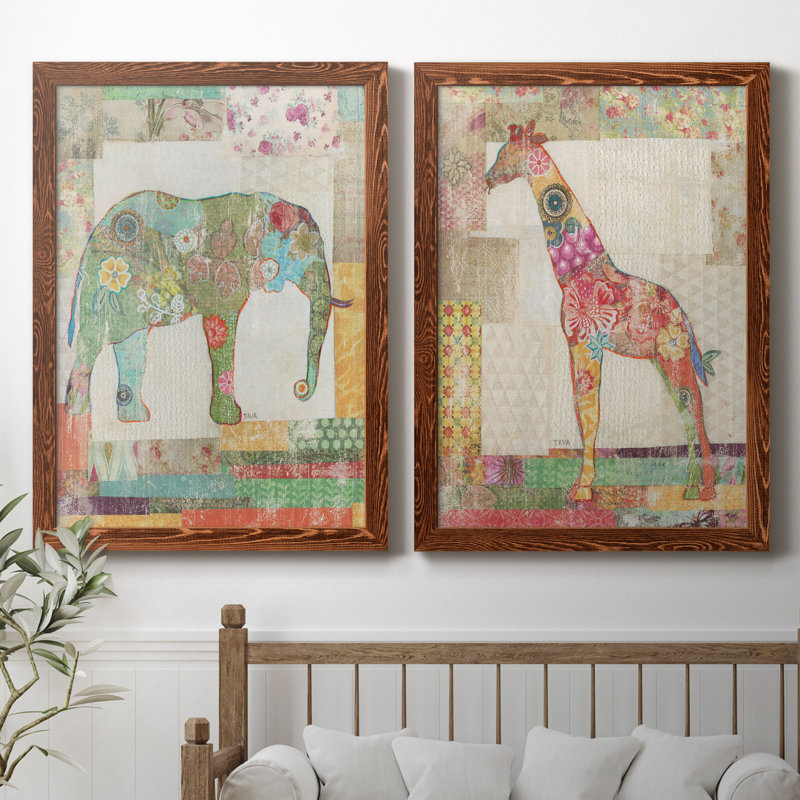 «Elephant Montage», ensemble de 2 impressions, Pas de tapis, H 31,5 po x l 47 po x P 1,5 po, Toile avec cadre érable