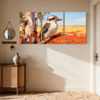 Oiseaux Kookaburra perchés sur une branche dans un paysage de l'arrière-pays, ensemble de 3 impressions sur toile