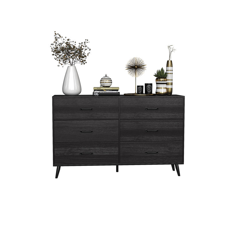 Teddy 6 Dresser, Chest of Drawers with Wide 52.37'', Easy-Pull Fabric & Wood Dressers with Top, Black