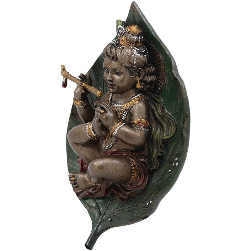 Figurine Montario Baby Krishna Vishnu sur une feuille de peepal, Brun