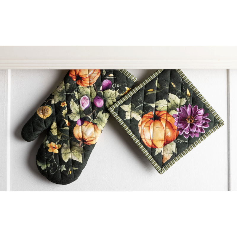 Maison d'Hermine Pumpkin Garden - Gant de cuisine et manique vert foncé 100 % coton - 19 x 33 cm et 20 x 20 cm
