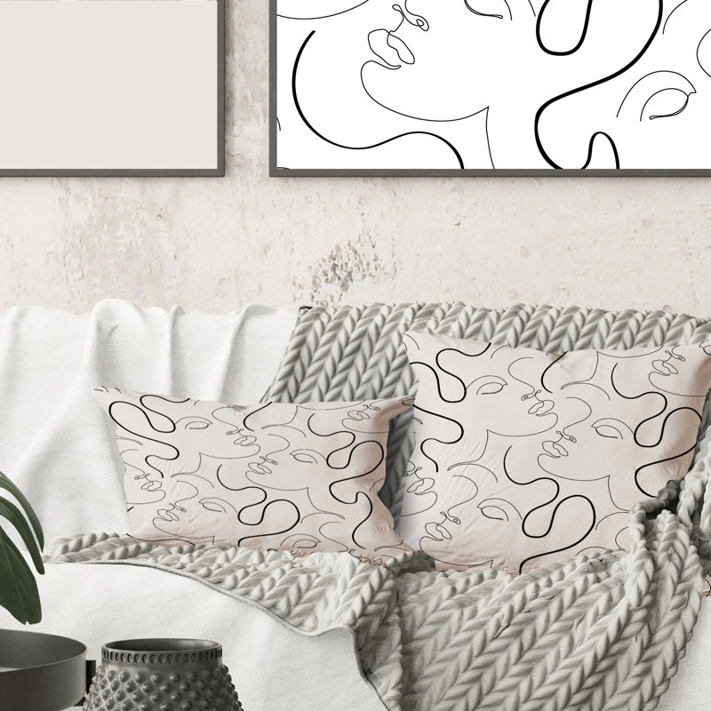 Housse et coussin carrés monochromes à dessin au trait, 18" x 18"