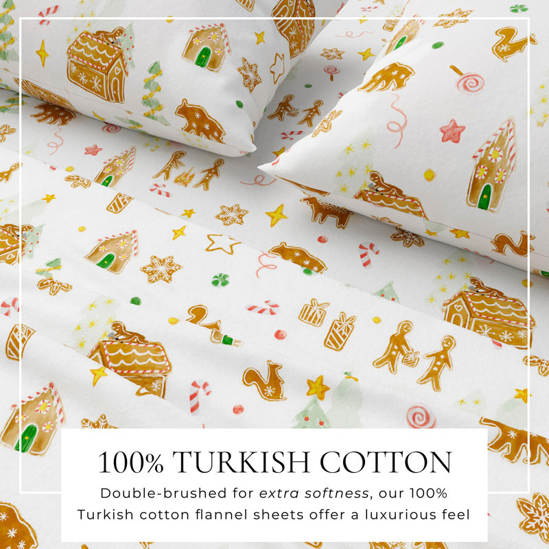 Ensemble de draps de Noël 100% flanelle de coton turc, Ensemble de draps pour très grand lit avec 2 taie, Gingerbread Lane