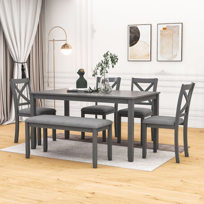 6-Pcs Wood Dining Set with Upholstered Chairs and Bench for Living Room