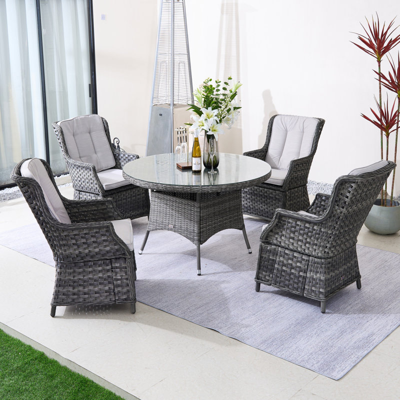 Ensemble repas rond extérieur avec coussins, Gris, 4