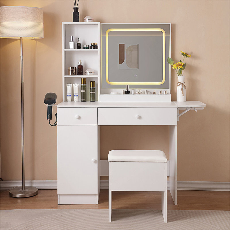 Bureau de coiffeuse avec miroir éclairé et prise de courant, luminosité réglable, espace de rangement spacieux et station de charge pour les chambres à coucher modernes
