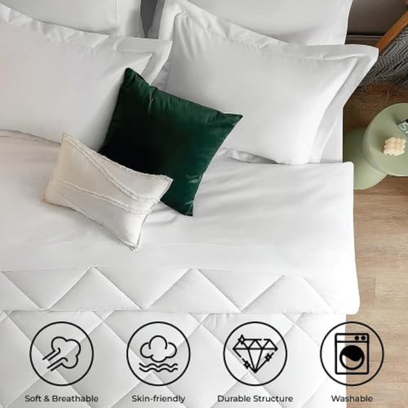 7-Piece Comforter Set, Microfiber, All Season Bed in a Bag – White, Queen, Queen Comforter + 6 Additional Pieces, White