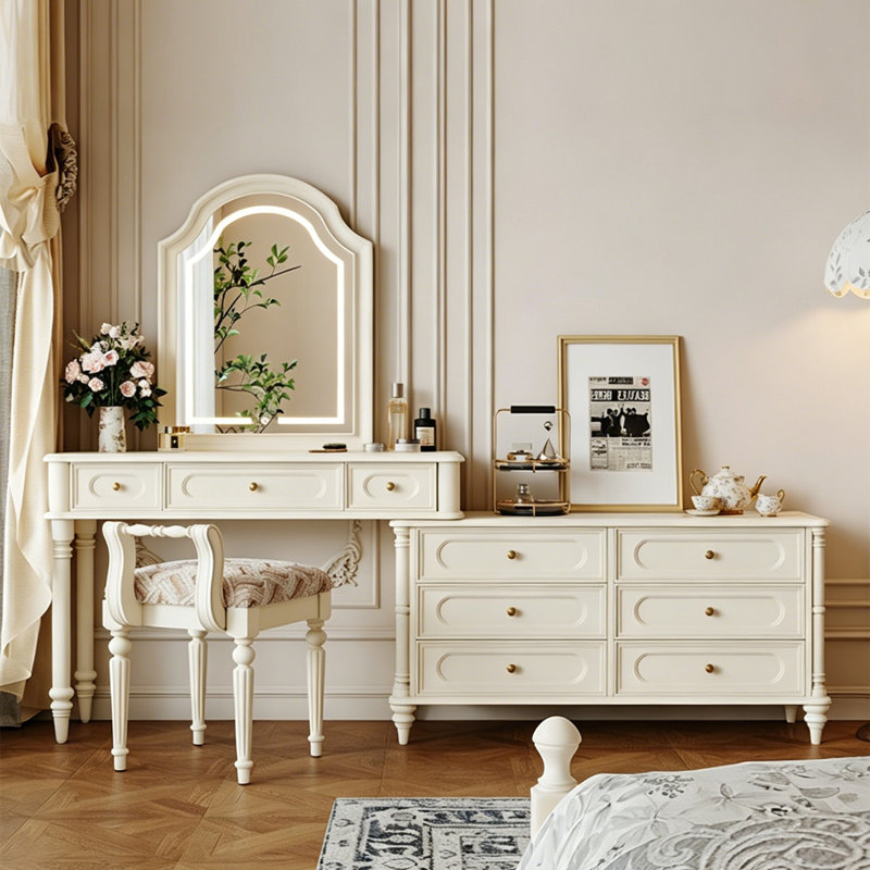 82.68"French-style integrated dressing table with a vanity mirror, 29.53" H x 82.68" W x 15.75" D