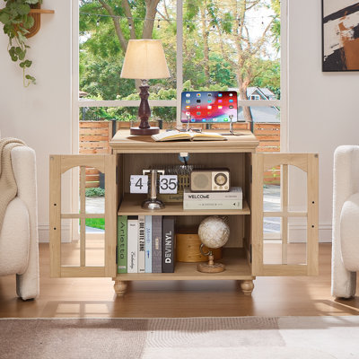 Farmhouse End Table with Charging Station,24" Large Sofa Side Table with Glass Barn Door,Rustic Wood Night Stand with Adjustable Storage Shelf,Square Bedside Table for Living Room,Bedroom Office