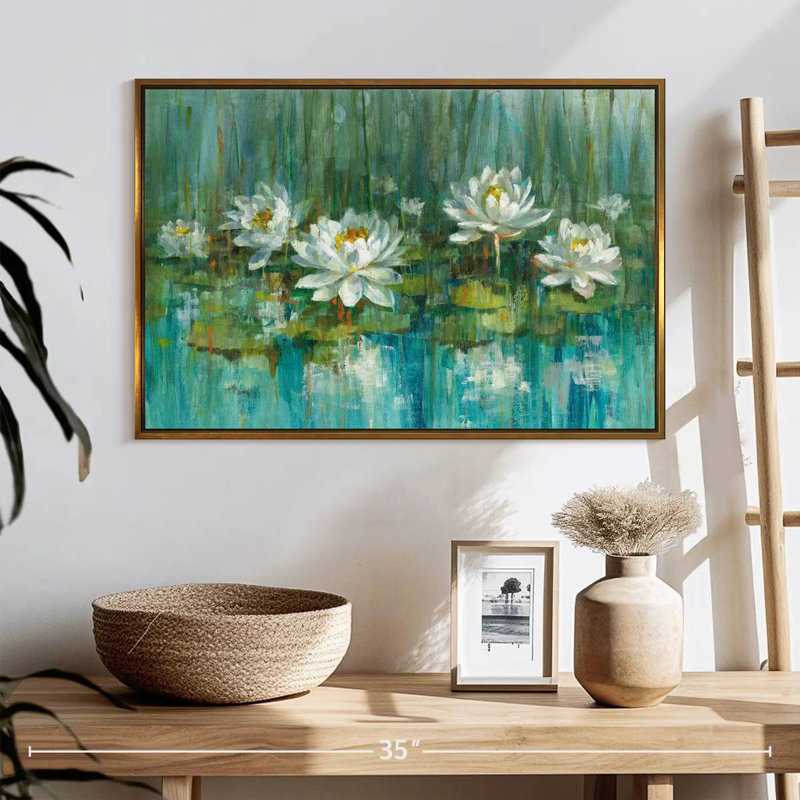 Étang à nénuphars IV, 25 po x 17 po, Cadre flottant doré