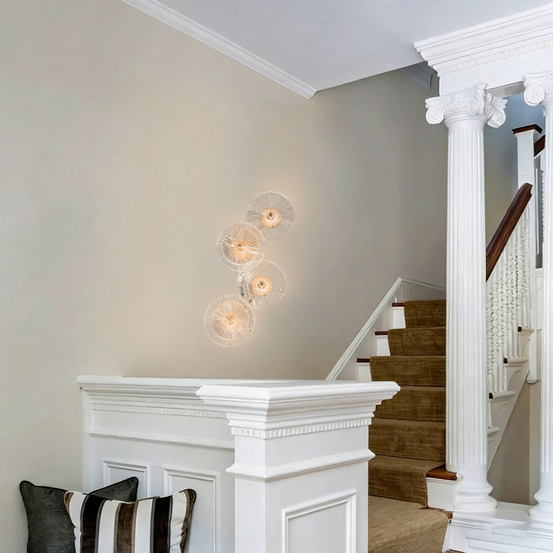 Modern 4-light Glass Wall Sconce In Brushed Brass Finish, Artistic Round Crystal Shades With Warm Led For Living Room & Hallway