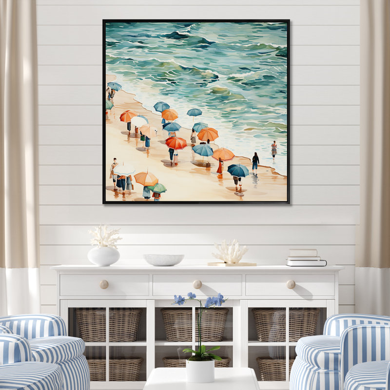 Beach Day Umbrella Parade II - Beach People, art mural, Cadre flottant noir, H 16 po x l 16 po x P 1 po