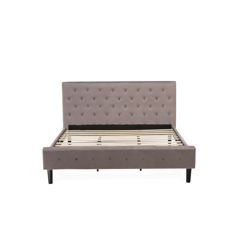 Ensemble de lit très grand 3 pièces - Lit plateforme capitonné - Tête de lit tapissier en velours taupe brun et table de chevet à finition jacobine