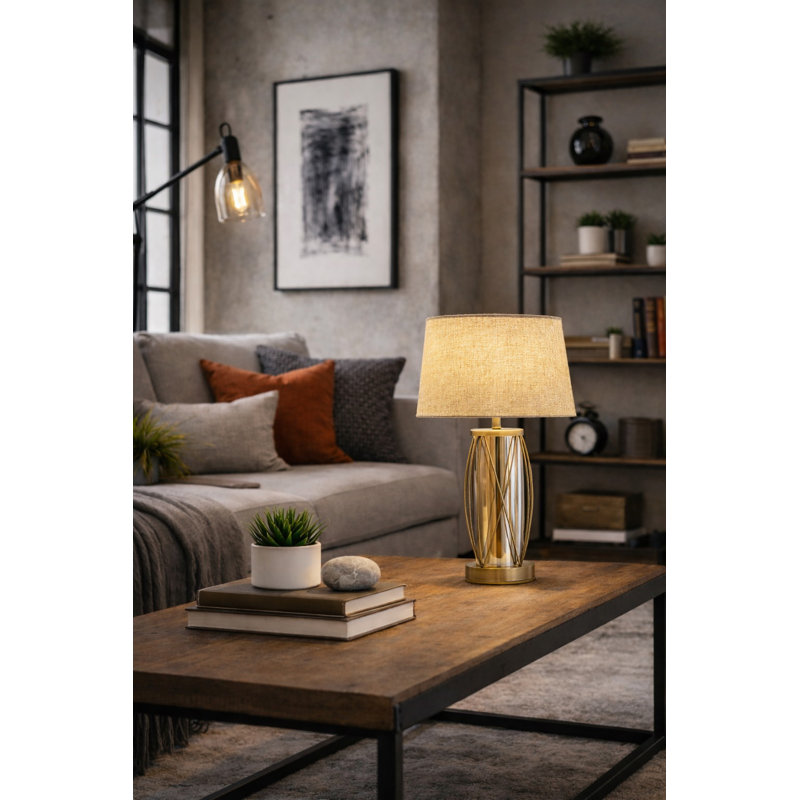 Alexarae 50cm Glass & Metal Table Lamp with linen shade, Beige, Gold