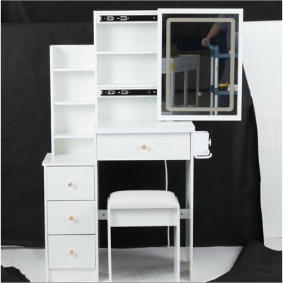 29.2" Small Size Left Bedside Cabinet Vanity Table + Cushioned Stool, 2 AC+2 USB Power Station, Hair Dryer Bracket, Extra Large Touch Control Sliding LED Mirror, Tri-Color Switching, Brightness Adjust