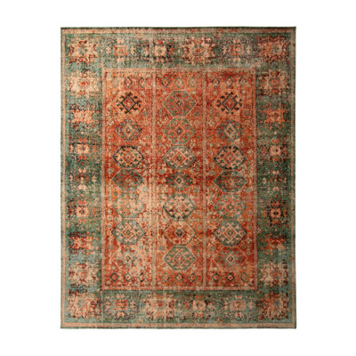 Hand-Knotted Classic Geometric Pattern Rug With Orange Green By Rug & Kilim