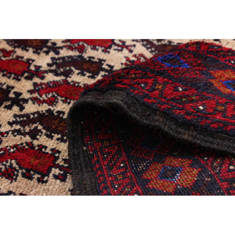 Tapis décoratif en laine de conception unique noué à la main des années 1980 3 pi 2 po x 6 pi 7 po de couleur crème et rouge