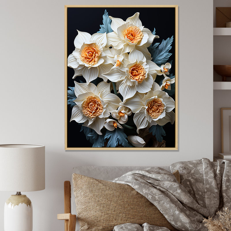 «White Orange Daffodils Bloossom I» sur toile, Cadre naturel flottant, H 44 po x l 34 po x P 1,5 po