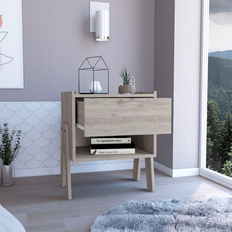 Nightstand Ferku, Open Shelf, One Drawer, Gray