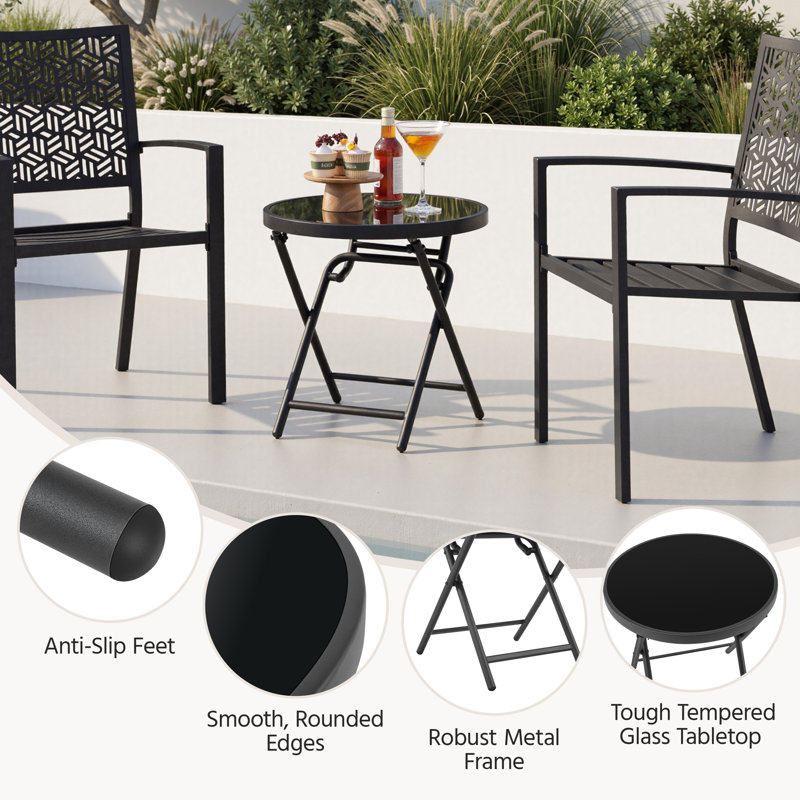 Round Outdoor Folding Side Table with Tempered Glass Top