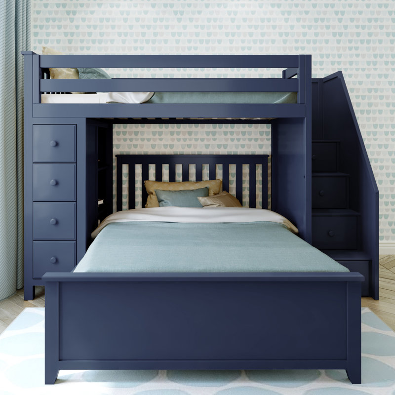  Helfriede Solid Wood 8 Drawer L-Shaped Bunk Bed, Twin over Full, Blue
