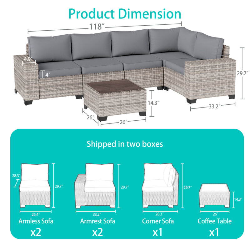 Muphyers 6-Piece Outdoor Patio Furniture Set Wicker Sectional Sofa Set, Patio Conversation Set with Thickened Cushions & Coffee Table for Garden, Backyard, Poolside