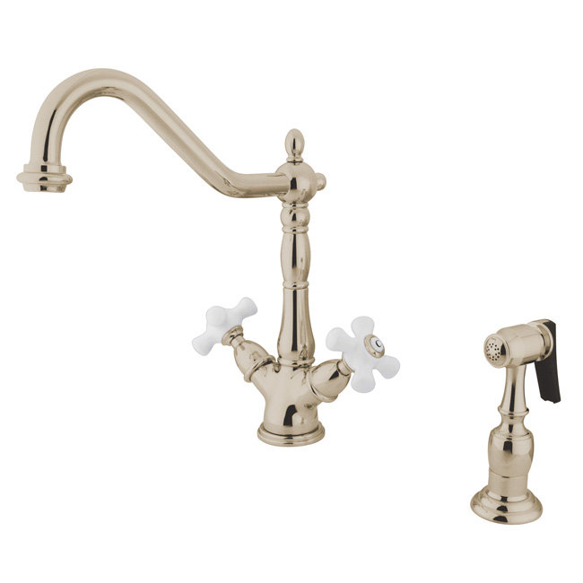 Robinet de cuisine monocorps à fixation sur plateau à deux trous avec poignées en porcelaine Heritage, Nickel brossé
