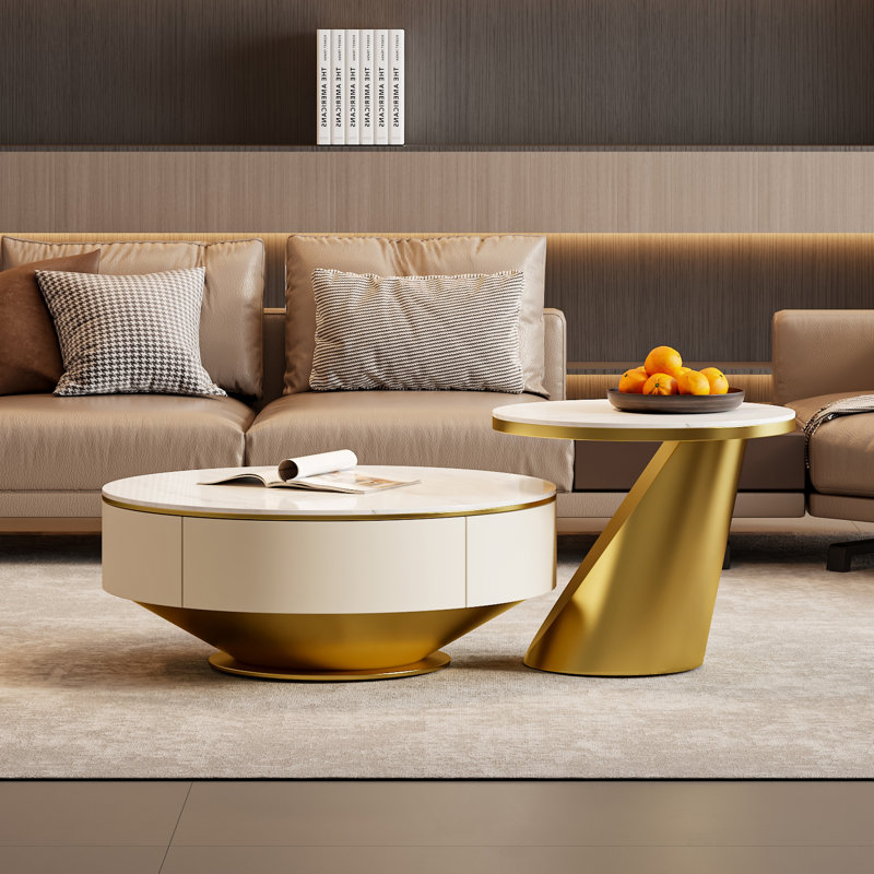 Jakori No Assembly Required Nesting Coffee Table With Storage – Rock Tabletop Heat-Resistant & Wear-Resistant, Gold