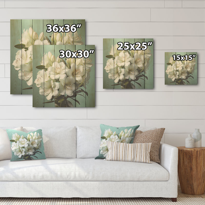 Beauté réaliste de rhododendron blanc - Art sur bois de rhododendron sur bois de pin naturel, H 36 po x l 36 po