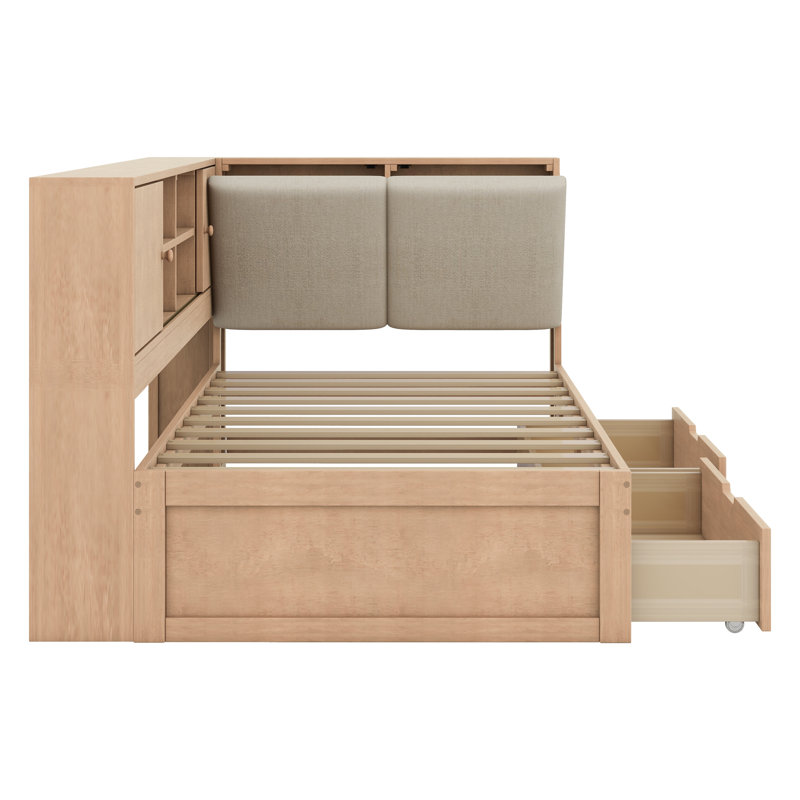 Wooden L-Shaped Daybed Corner Bed Under-Bed Drawers With Storage Bookcase And Upholstered Headboard And USB Charging Ports For Limited Space