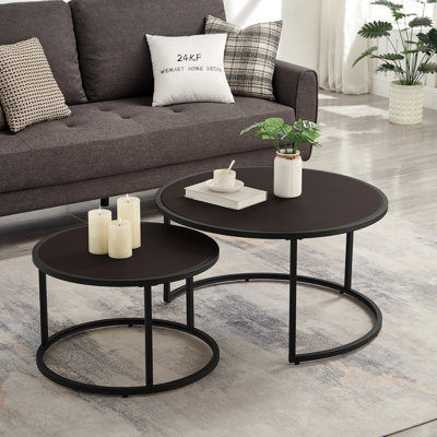 Modern Faux Leather Nesting Round Coffee Table With Black Metal Base, Accent Tea Table For Living Room Set Of 2 - Dark Brown