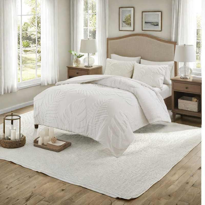 Coastal Cotton Bedding Sets, Tufted Palm Design For Beach Aesthetics