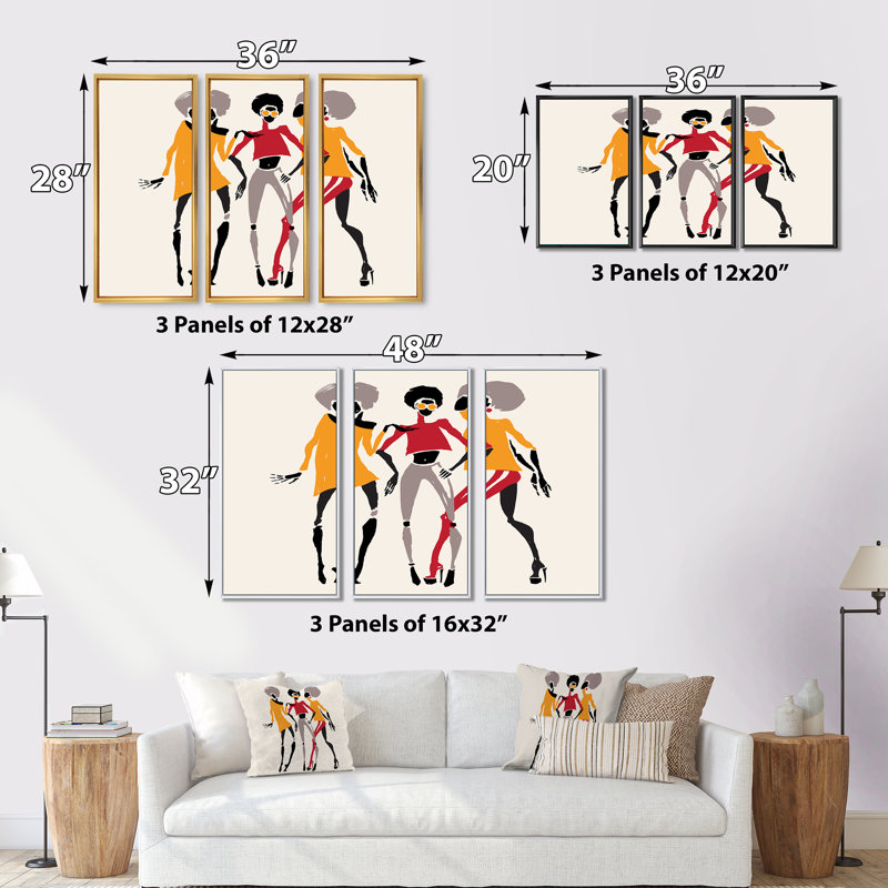 "African American Women Silhouettes II", 3 pièces, cadre flottant, impression sur toile, H 32 po x l 48 po, Cadre blanc