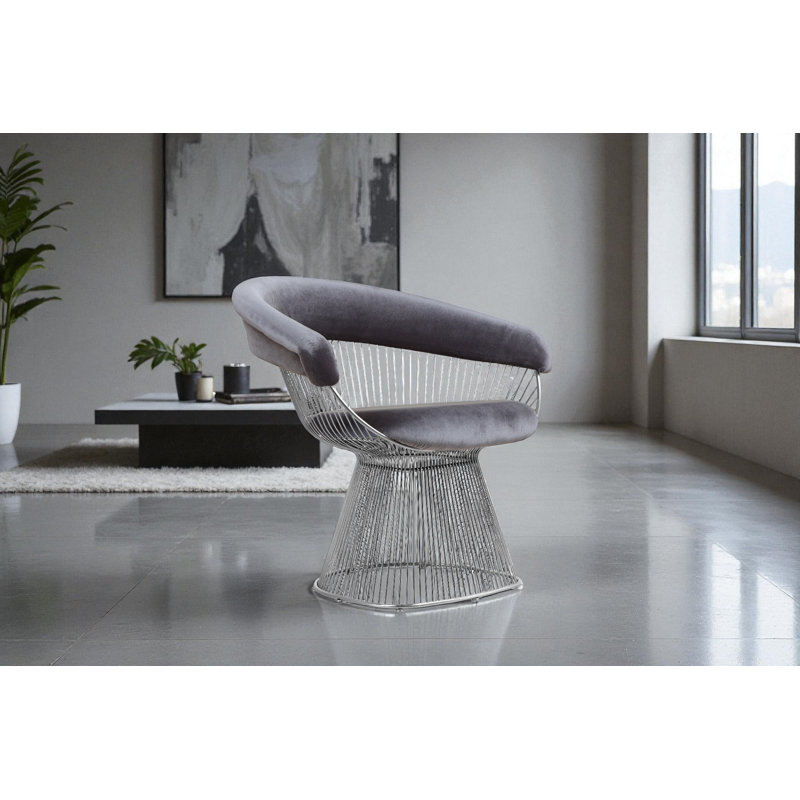 Pangea Home Modern Gray Velvet Upholstered Fern Arm/Accent Chair with Silver Metal Wire Base – Contemporary Lounge, Bedroom, or Dining Armchair