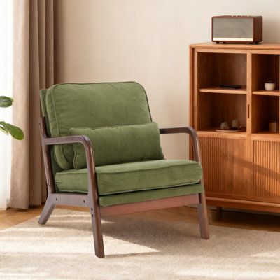 Upholstered Linen Blend Accent Chair with Wooden Legs and Lumbar Pillow