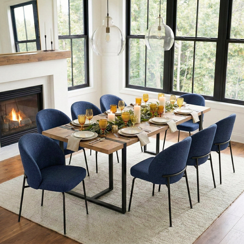 78.7" Industrial Wood Dining Table Set For 8 With Upholstered Curved Back Chairs, Blue