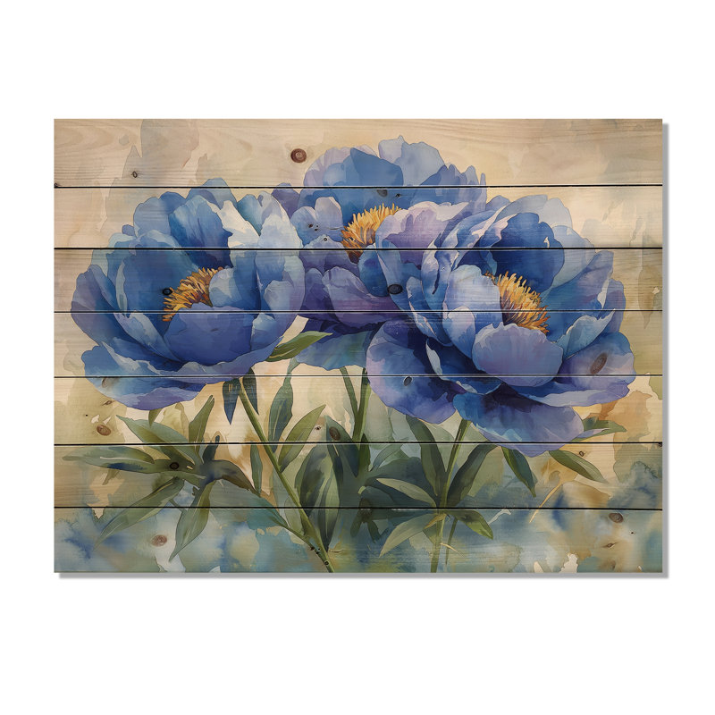 Pivoines bleues dans la prairie II - Décoration murale en bois de pivoines - sur bois de pin naturel
